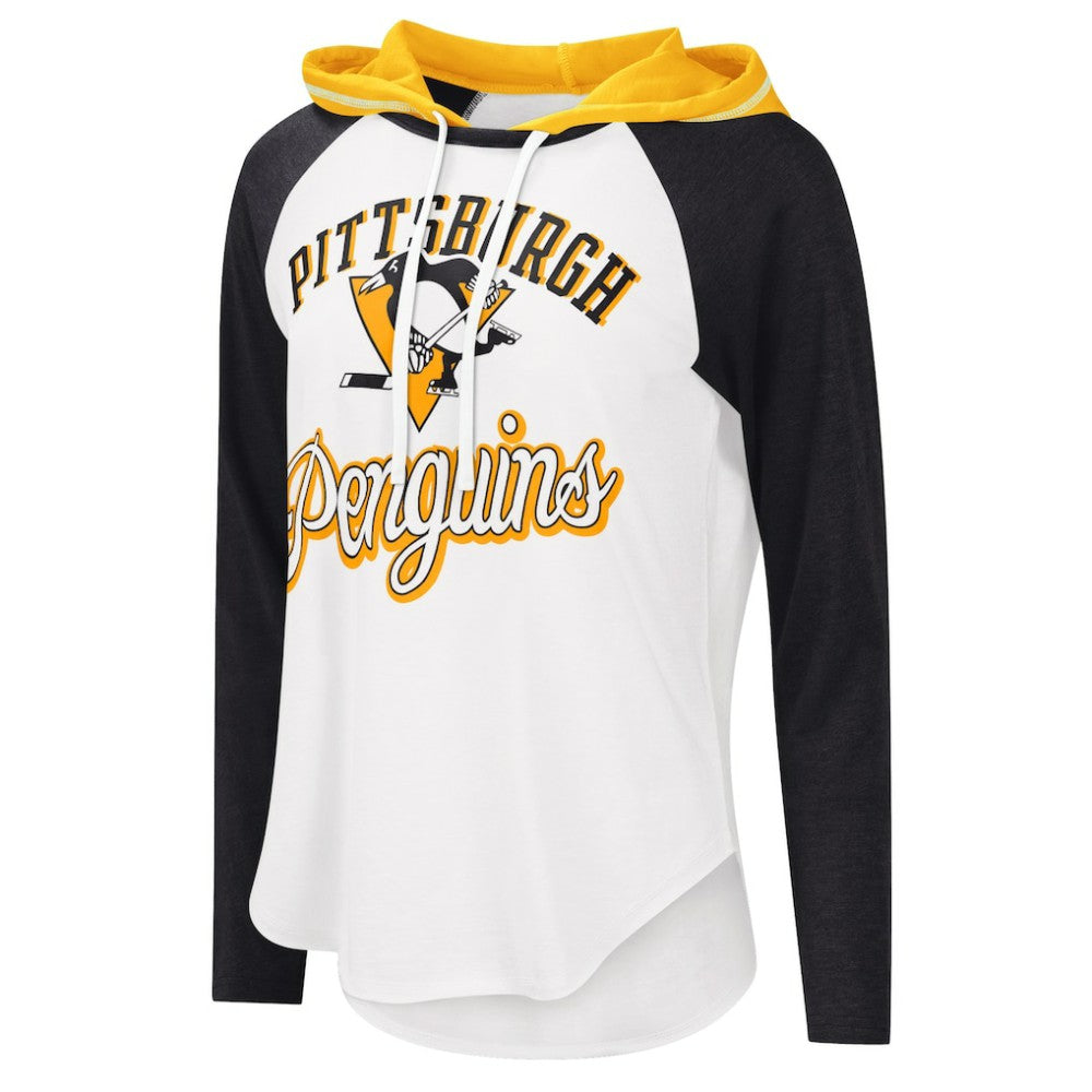 Pittsburgh Penguins G-III 4Her by Carl Banks Women's MVP Raglan Lightweight Hooded T-Shirt - White/Heather Black - NHL