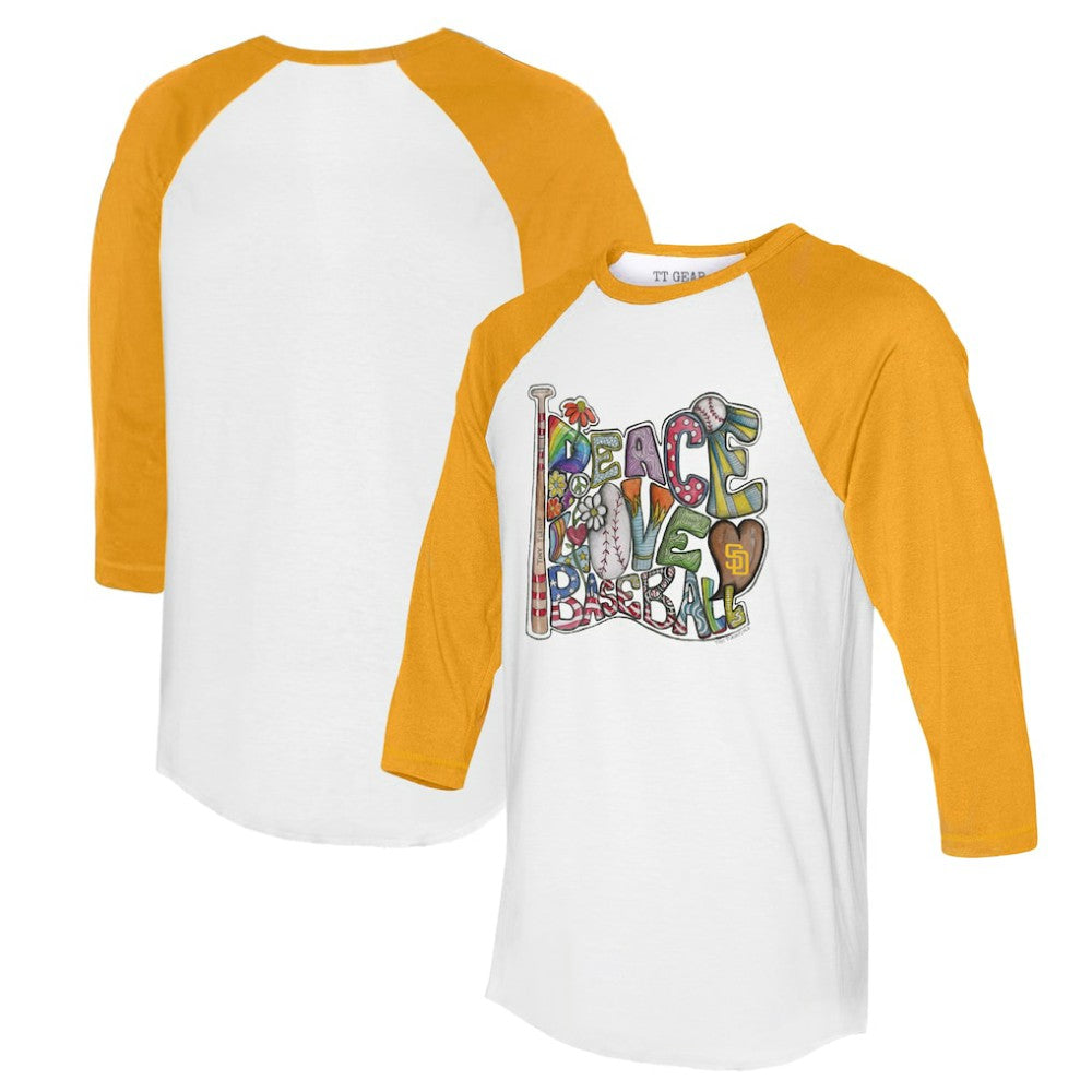 San Diego Padres Tiny Turnip Women's Peace Love Baseball 3/4-Sleeve Raglan T-Shirt - MLB