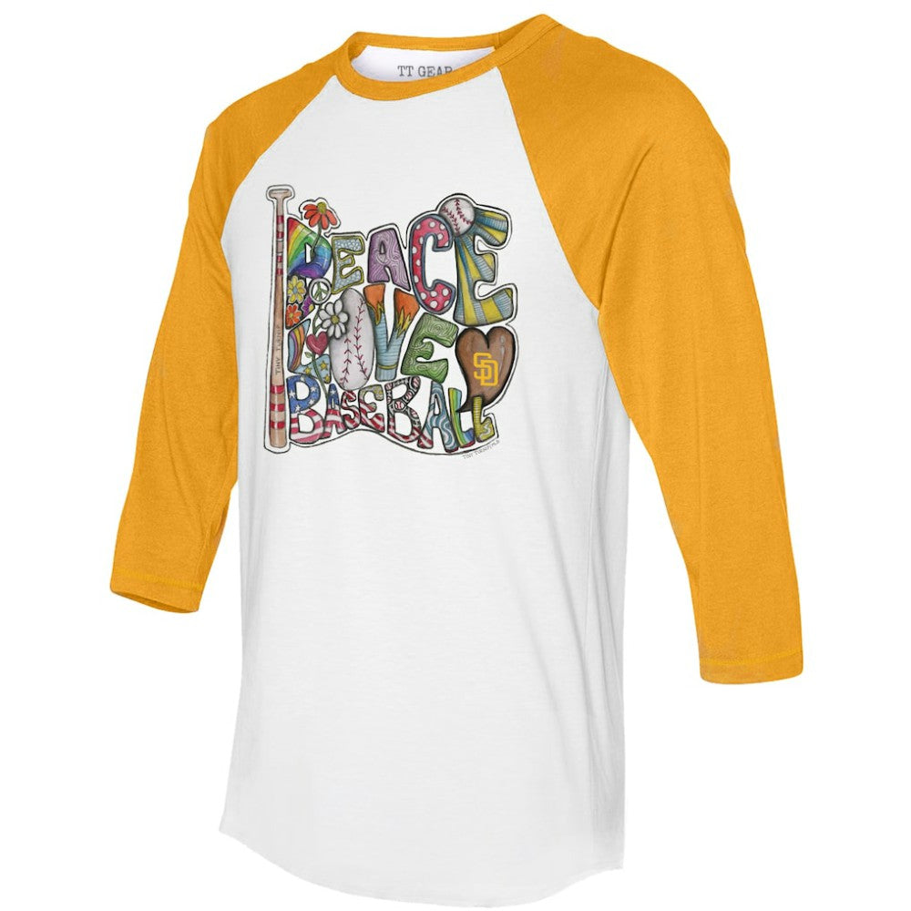 San Diego Padres Tiny Turnip Women's Peace Love Baseball 3/4-Sleeve Raglan T-Shirt - MLB