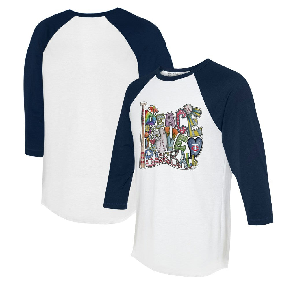 Minnesota Twins Tiny Turnip Women's Peace Love Baseball 3/4-Sleeve Raglan T-Shirt - MLB