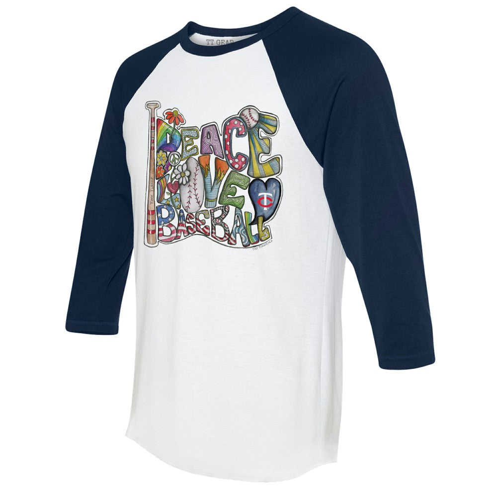 Minnesota Twins Tiny Turnip Women's Peace Love Baseball 3/4-Sleeve Raglan T-Shirt - MLB