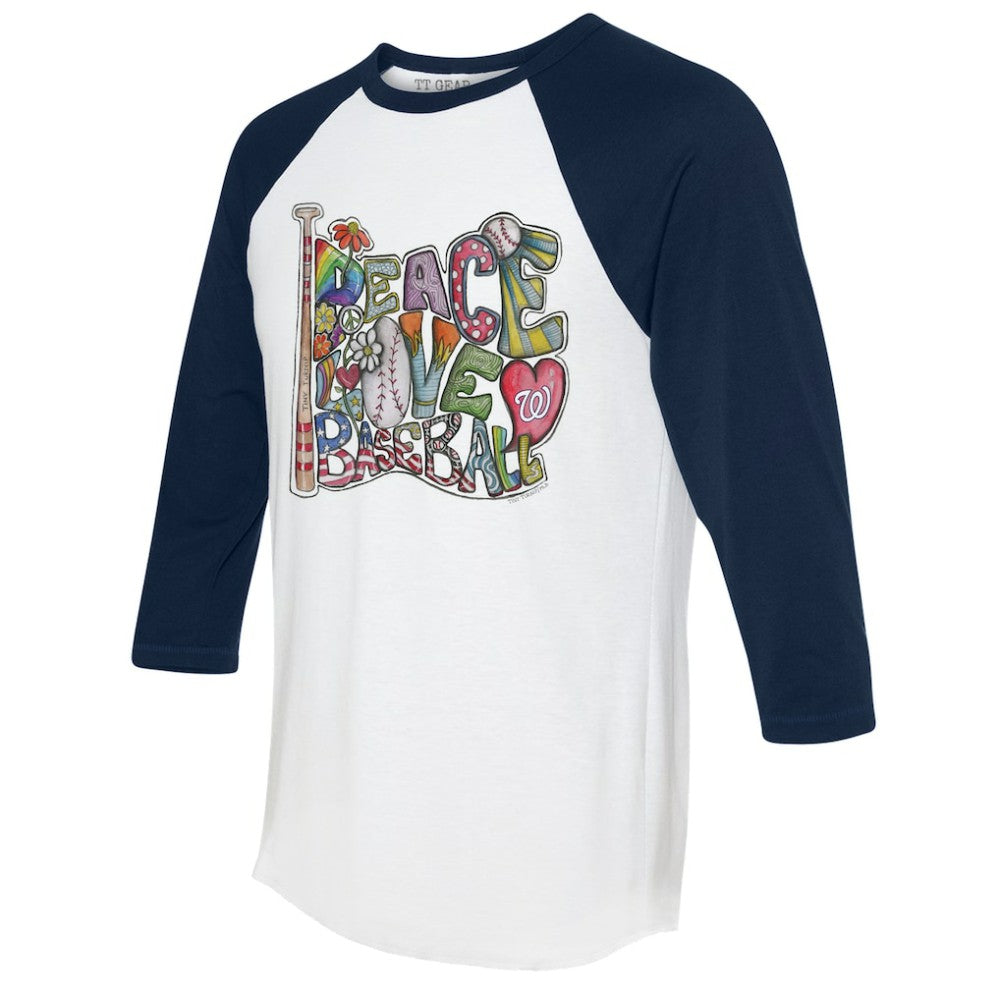 Washington Nationals Tiny Turnip Women's Peace Love Baseball 3/4-Sleeve Raglan T-Shirt - MLB