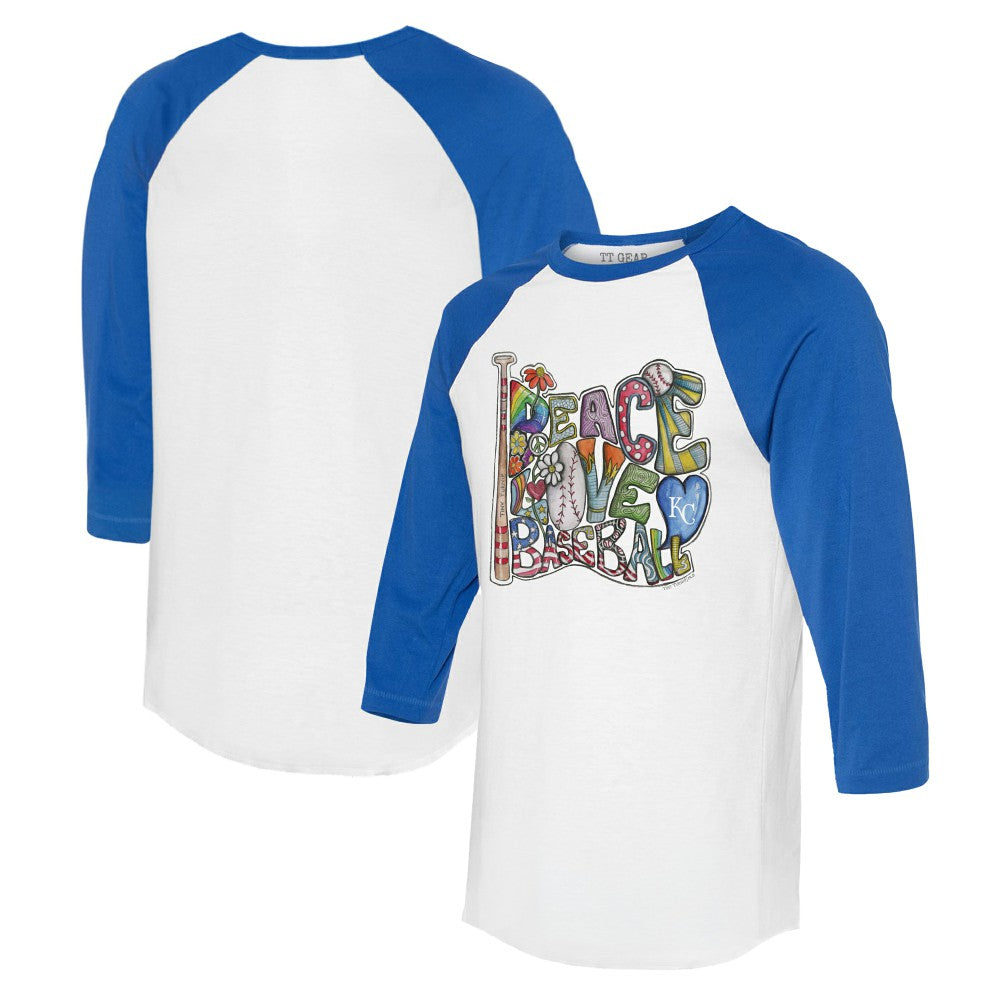 Kansas City Royals Tiny Turnip Women's Peace Love Baseball 3/4-Sleeve Raglan T-Shirt - MLB