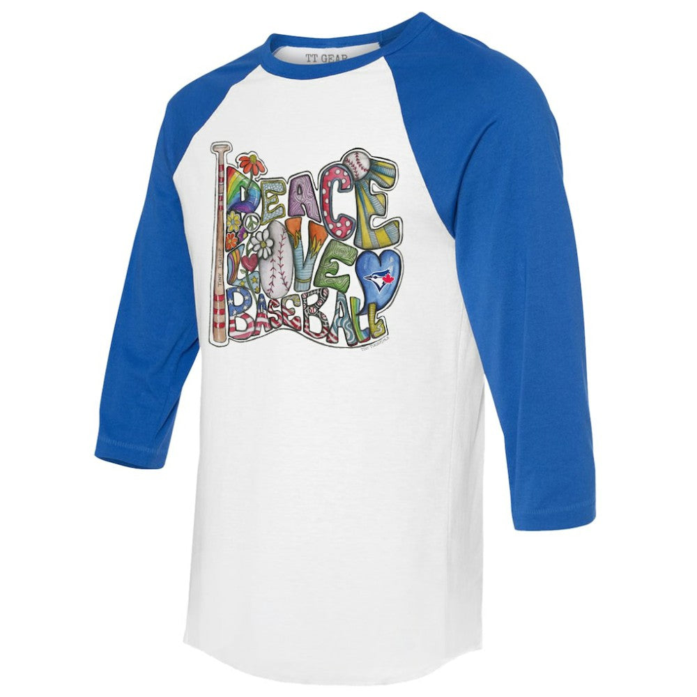 Toronto Blue Jays Tiny Turnip Women's Peace Love Baseball 3/4-Sleeve Raglan T-Shirt - MLB