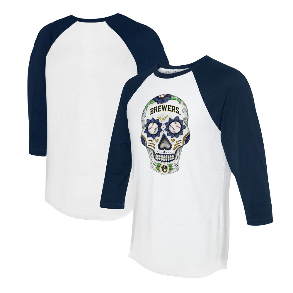 Milwaukee Brewers Tiny Turnip Unisex Sugar Skull 3/4-Sleeve Raglan T-Shirt - MLB