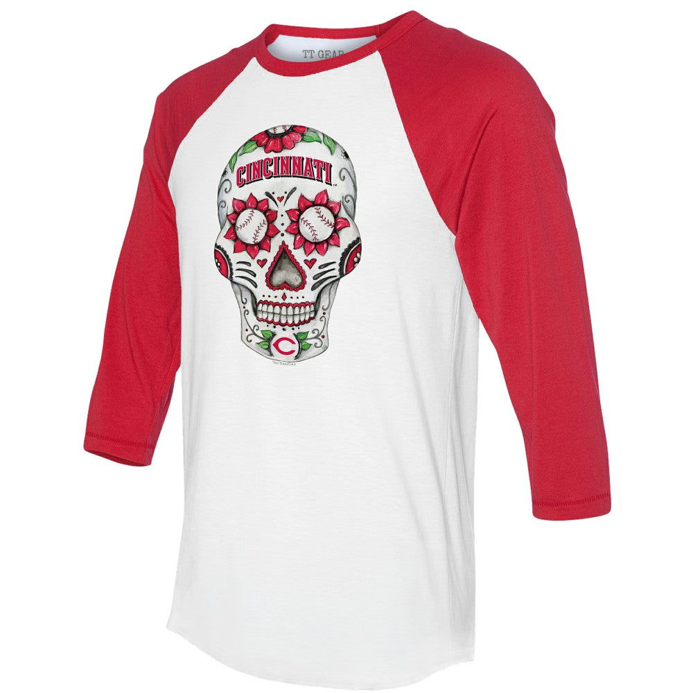 Cincinnati Reds Tiny Turnip Unisex Sugar Skull 3/4-Sleeve Raglan T-Shirt - MLB