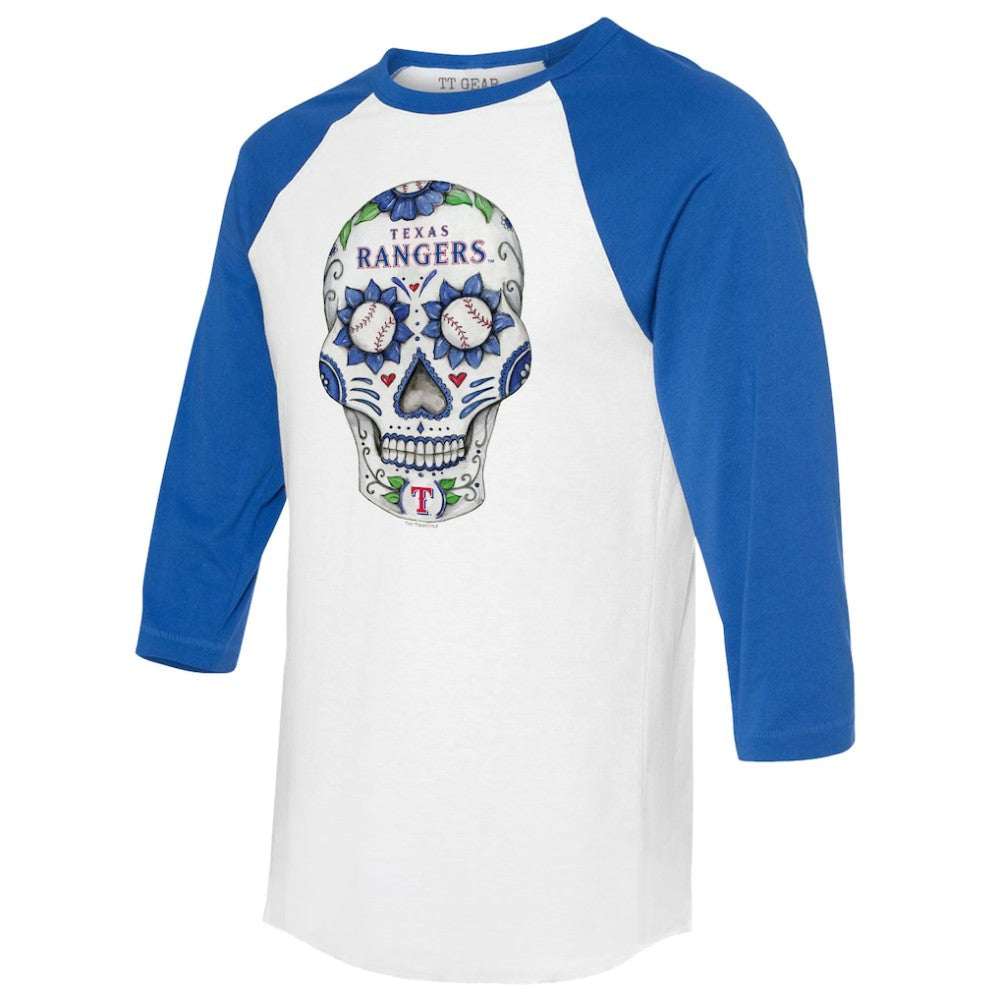 Texas Rangers Tiny Turnip Unisex Sugar Skull 3/4-Sleeve Raglan T-Shirt - MLB
