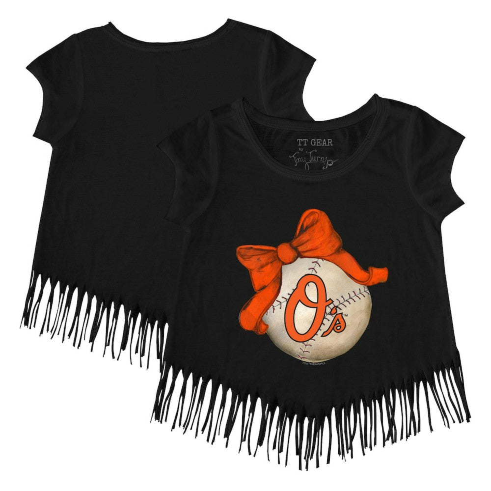 Baltimore Orioles Tiny Turnip Girls Youth Baseball Bow Fringe T-Shirt - MLB