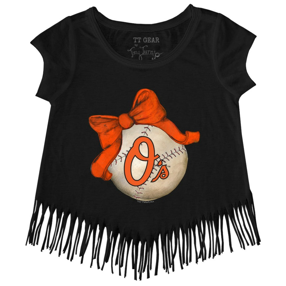 Baltimore Orioles Tiny Turnip Girls Youth Baseball Bow Fringe T-Shirt - MLB