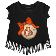 Baltimore Orioles Tiny Turnip Girls Youth Baseball Bow Fringe T-Shirt - MLB