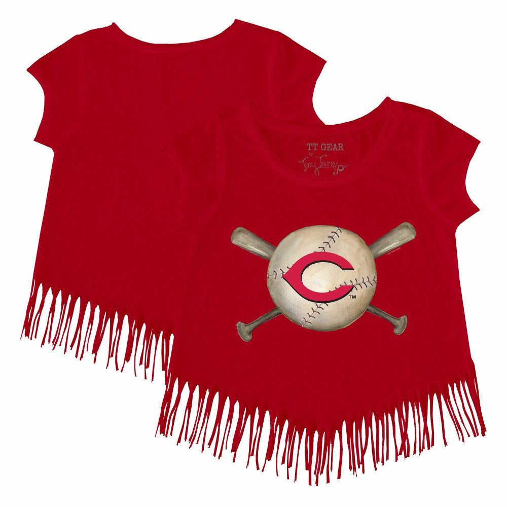 Cincinnati Reds Tiny Turnip Girls Youth Baseball Cross Bats Fringe T-Shirt - MLB