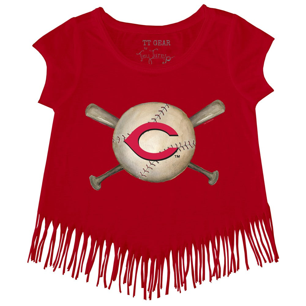Cincinnati Reds Tiny Turnip Girls Youth Baseball Cross Bats Fringe T-Shirt - MLB