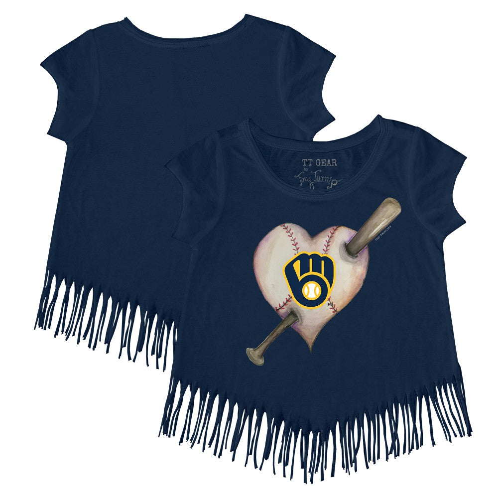 Milwaukee Brewers Tiny Turnip Girls Youth Heart Bat Fringe T-Shirt - MLB