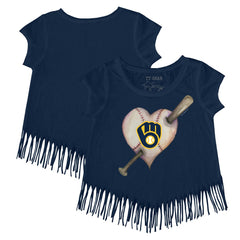 Milwaukee Brewers Tiny Turnip Girls Youth Heart Bat Fringe T-Shirt - MLB