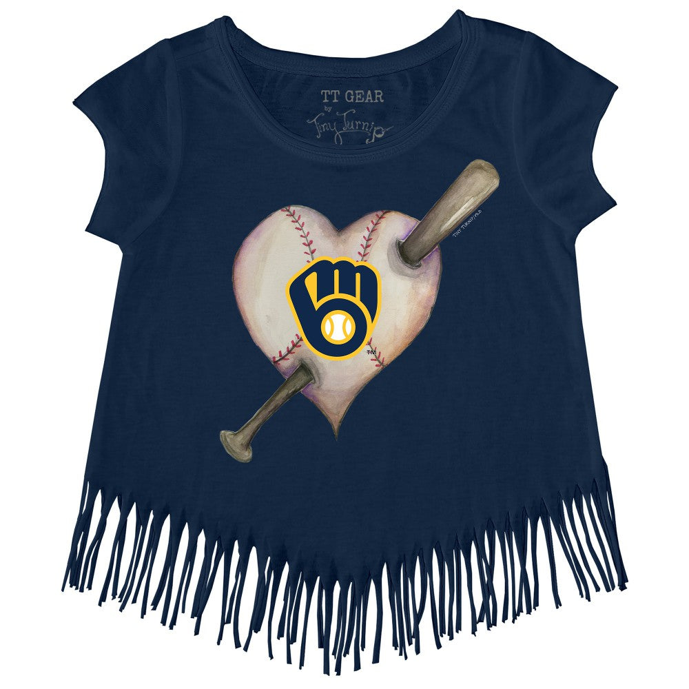 Milwaukee Brewers Tiny Turnip Girls Youth Heart Bat Fringe T-Shirt - MLB