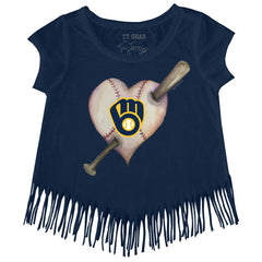 Milwaukee Brewers Tiny Turnip Girls Youth Heart Bat Fringe T-Shirt - MLB