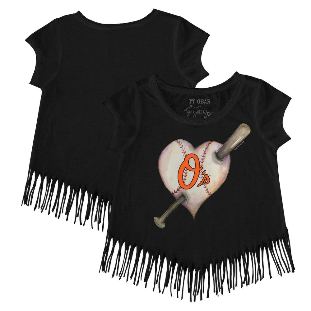 Baltimore Orioles Tiny Turnip Girls Youth Heart Bat Fringe T-Shirt - MLB