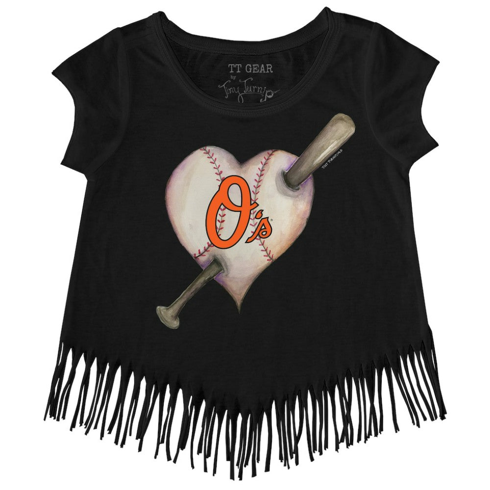 Baltimore Orioles Tiny Turnip Girls Youth Heart Bat Fringe T-Shirt - MLB
