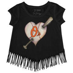 Baltimore Orioles Tiny Turnip Girls Youth Heart Bat Fringe T-Shirt - MLB