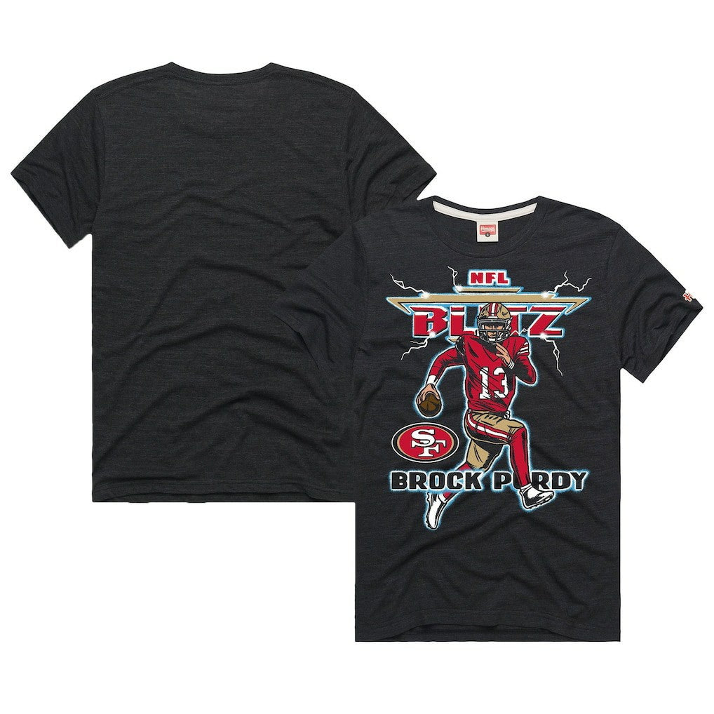 Brock Purdy San Francisco 49ers Homage Unisex NFL Blitz Player Tri-Blend T-Shirt Heathered Black | NFL