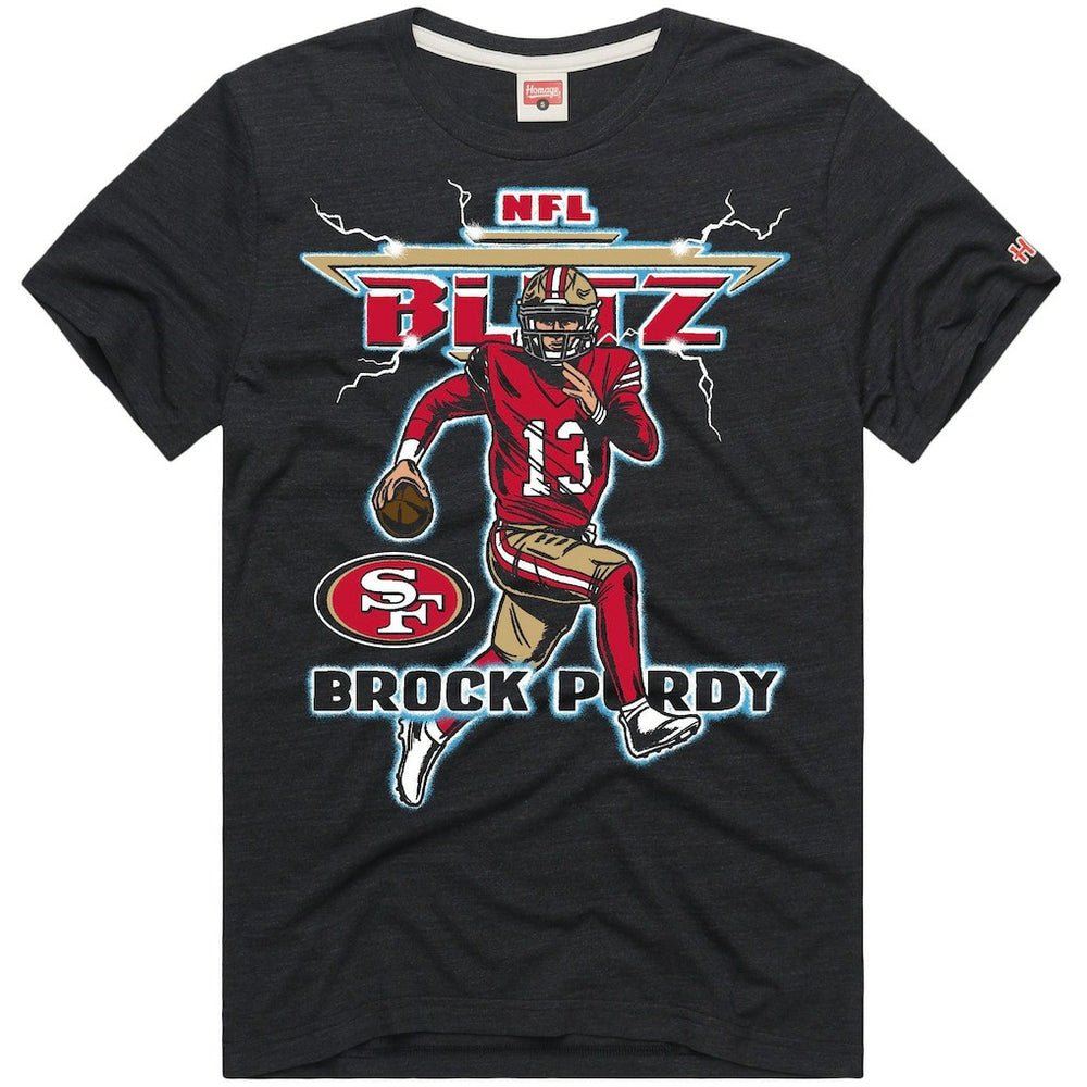 Brock Purdy San Francisco 49ers Homage Unisex NFL Blitz Player Tri-Blend T-Shirt Heathered Black | NFL