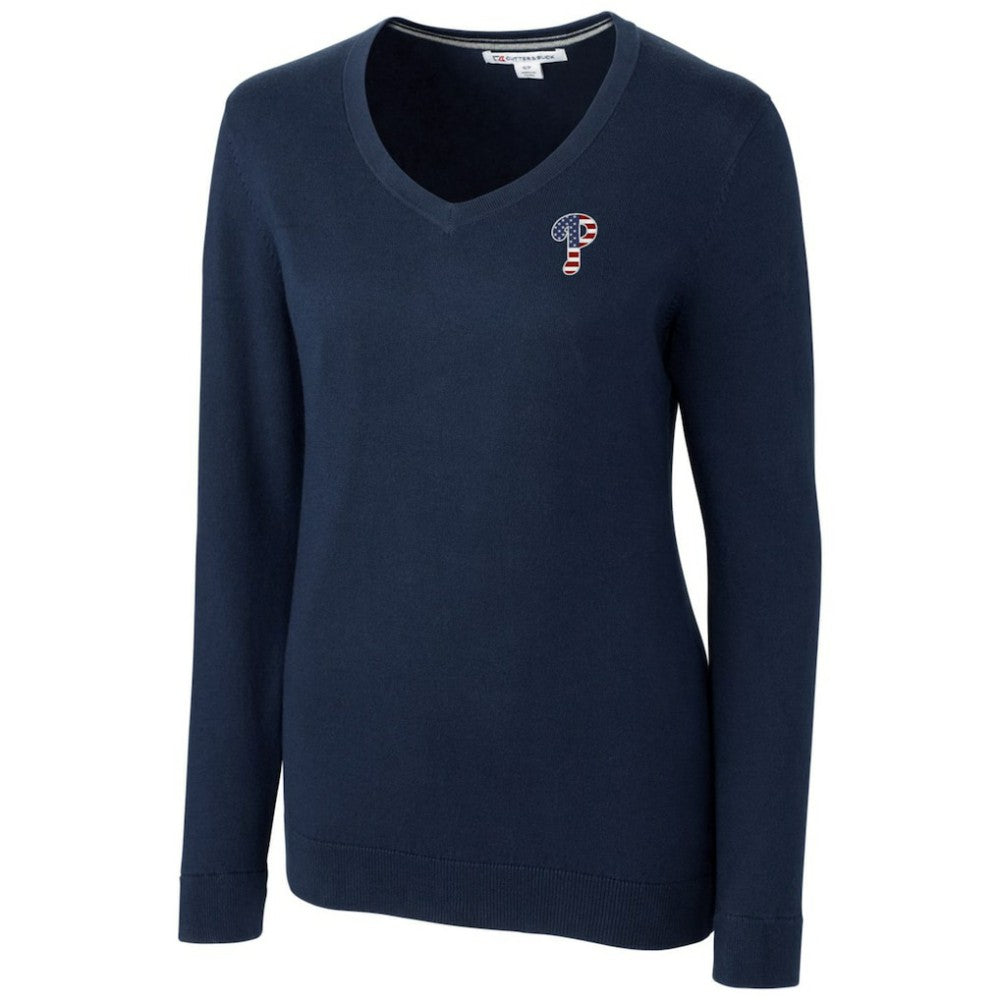 Philadelphia Phillies Cutter & Buck Women's Americana Logo Lakemont Tri-Blend V-Neck Pullover Sweater - MLB