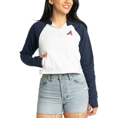 Atlanta Braves Lusso Women's Jane Raglan Quarter-Zip Tri-Blend Cropped Pullover Hoodie - MLB