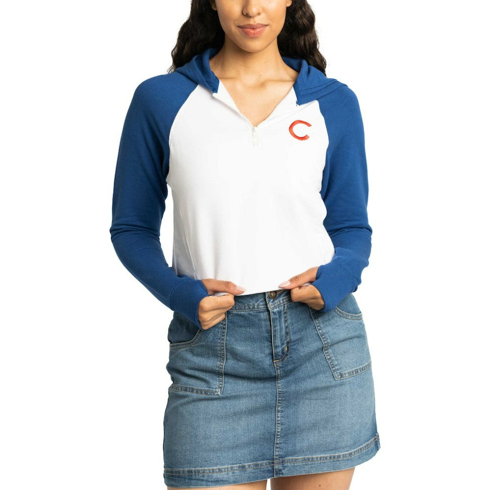 Chicago Cubs Lusso Women's Jane Raglan Quarter-Zip Tri-Blend Cropped Pullover Hoodie - MLB