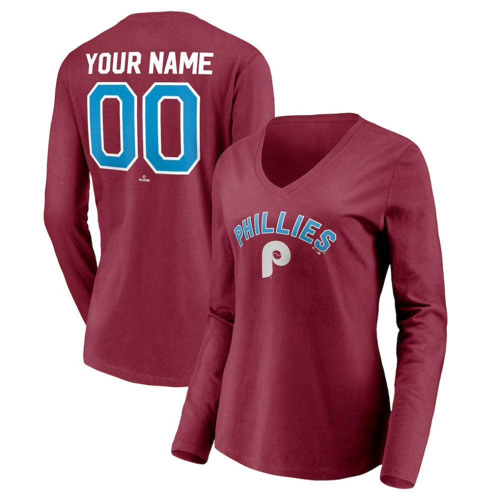 Philadelphia Phillies Women's Personalized Cooperstown Collection Alternate Winning Streak Long Sleeve V-Neck T-Shirt - MLB
